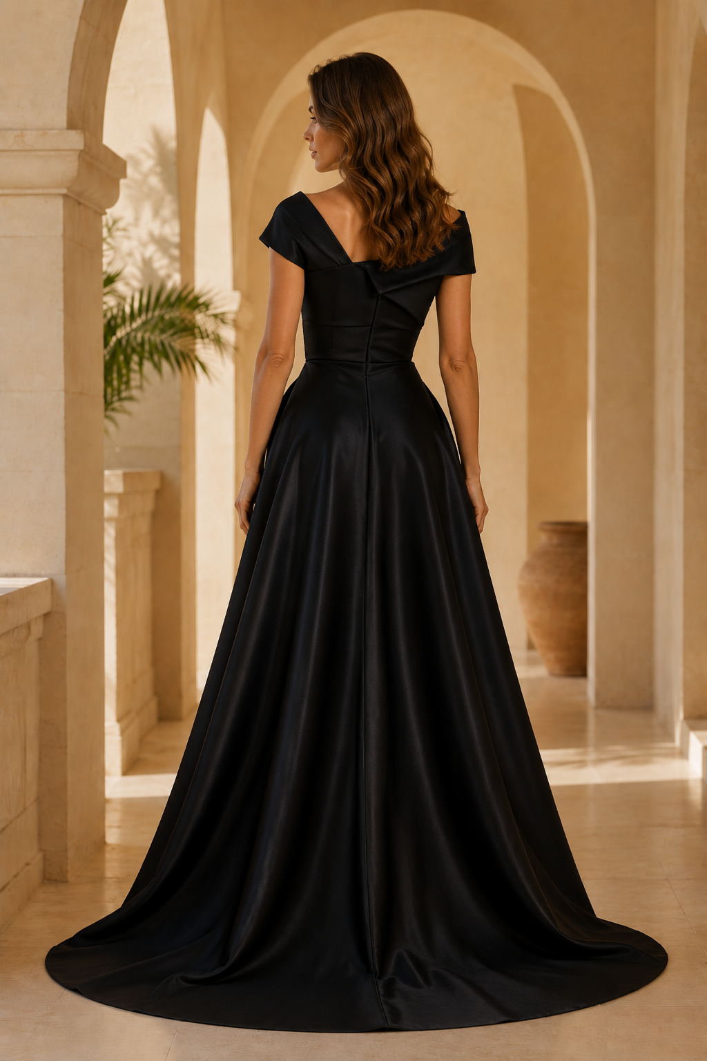 Vestido de noche con peplum asimétrico y abertura