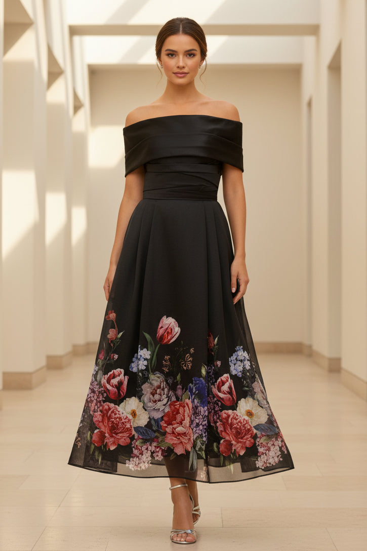 Vestido de té acampanado floral con hombros descubiertos