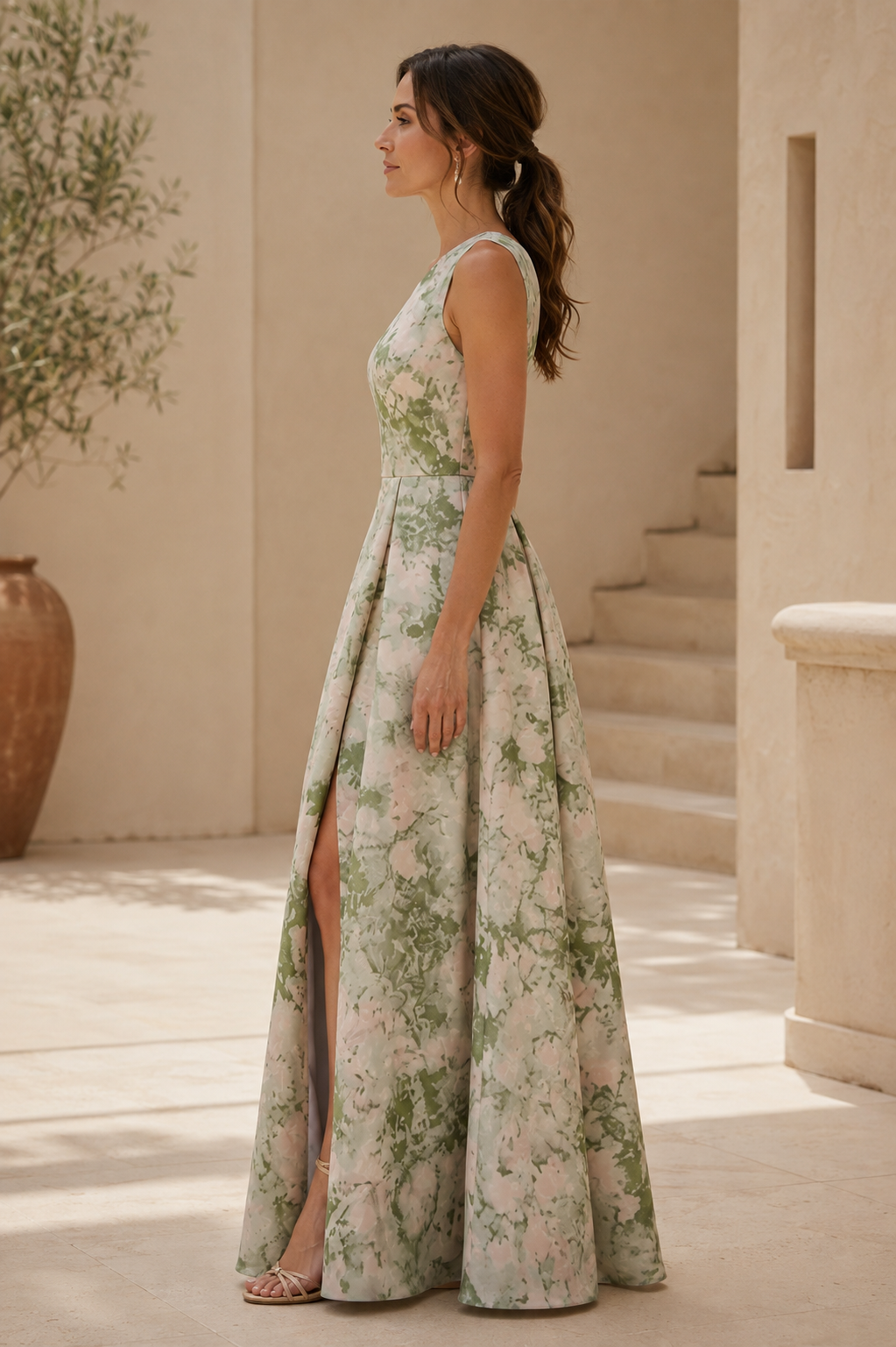 Vestido floral de un solo hombro con abertura alta