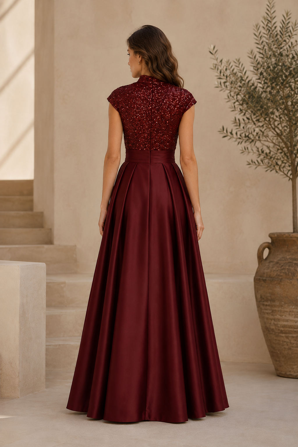 Vestido de satén plisado línea A con corpiño de lentejuelas