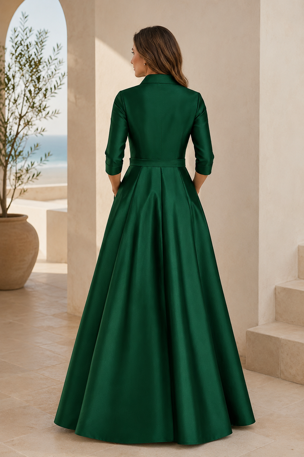 Vestido de Noche Camisero de Satén Esmeralda con Cinturón Anudado a la Cintura