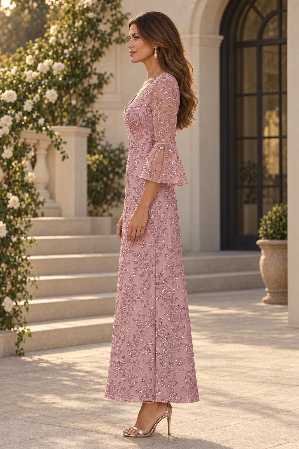 Vestido Largo con Lentejuelas, Mangas Acampanadas, Cuello en V y Corte A