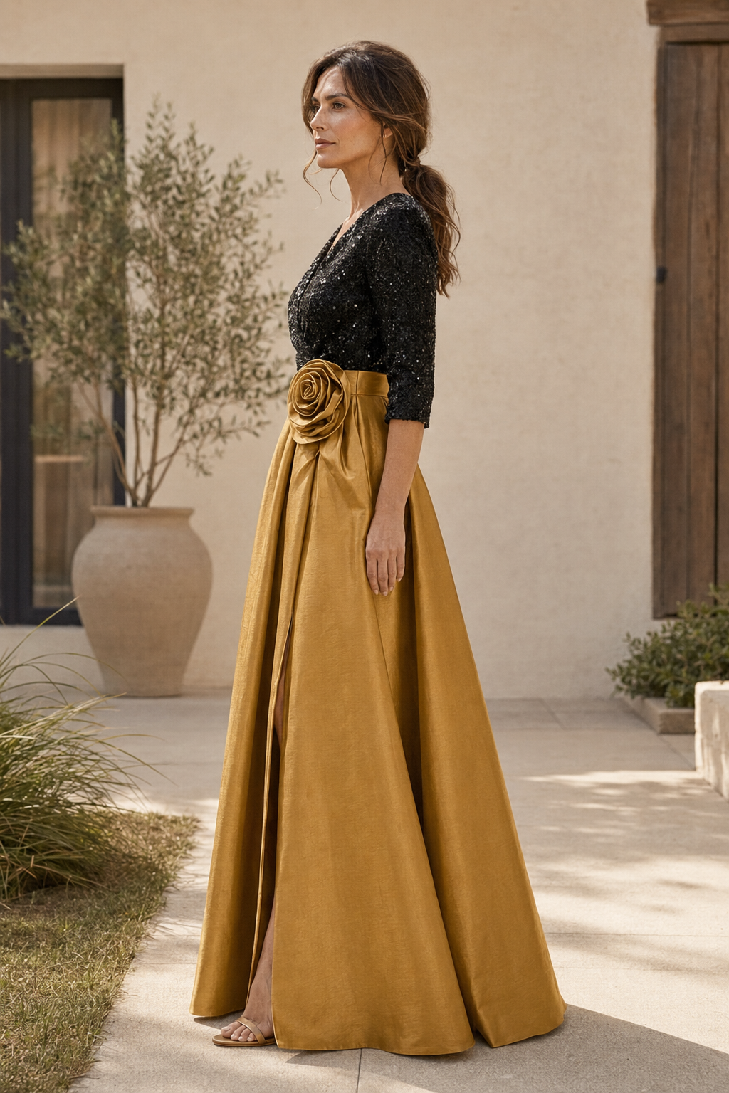 Vestido de gala de línea A con manga 3/4 de lentejuelas y rosetón