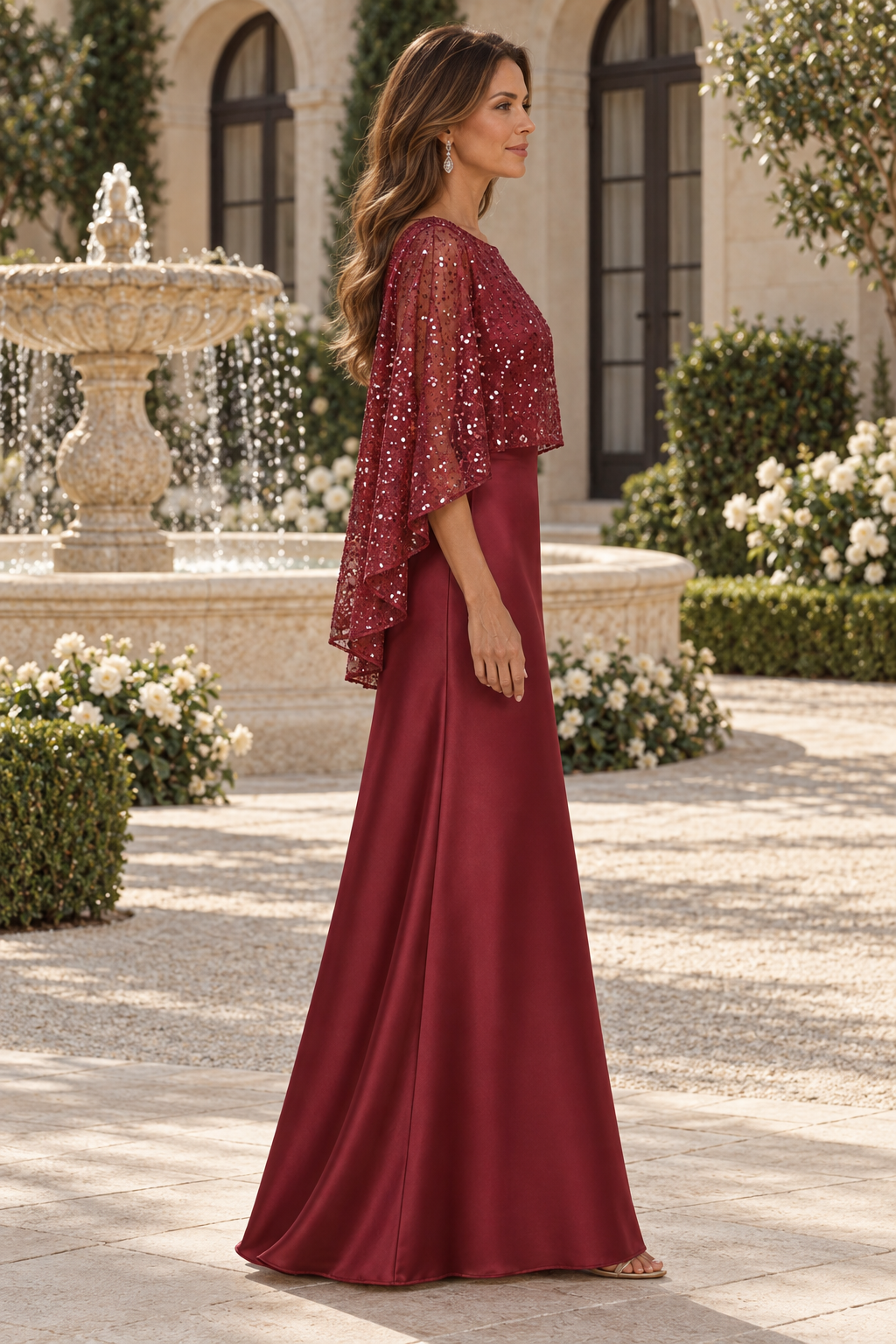 Vestido de noche de satén con capelina de lentejuelas