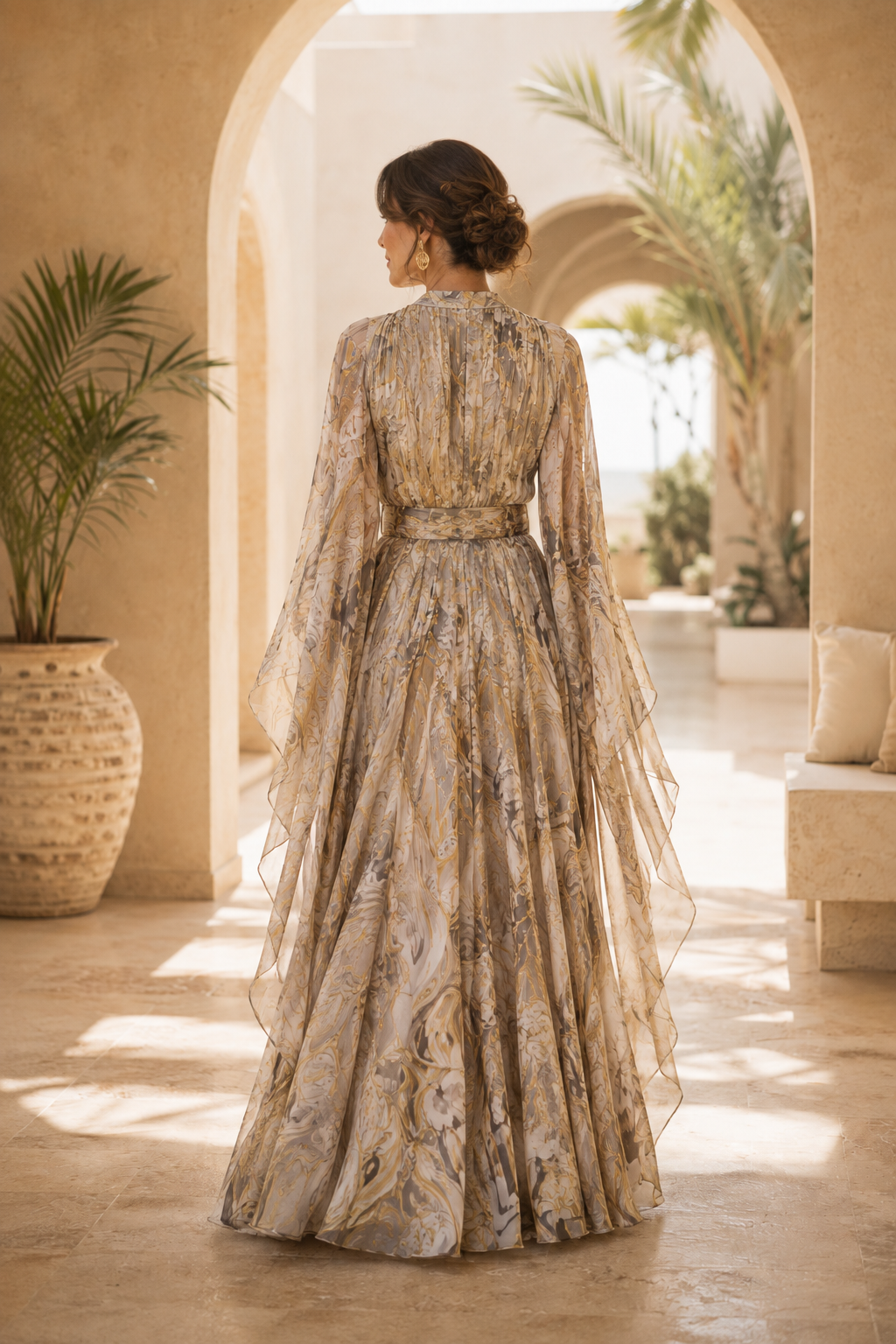 Maxivestido estampado con mangas de capa y cinturón