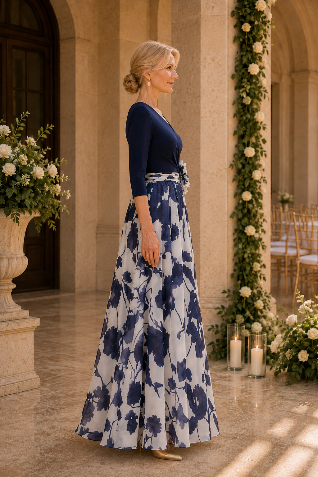 Vestido de Noche Acampanado con Estampado Floral y Mangas 3/4