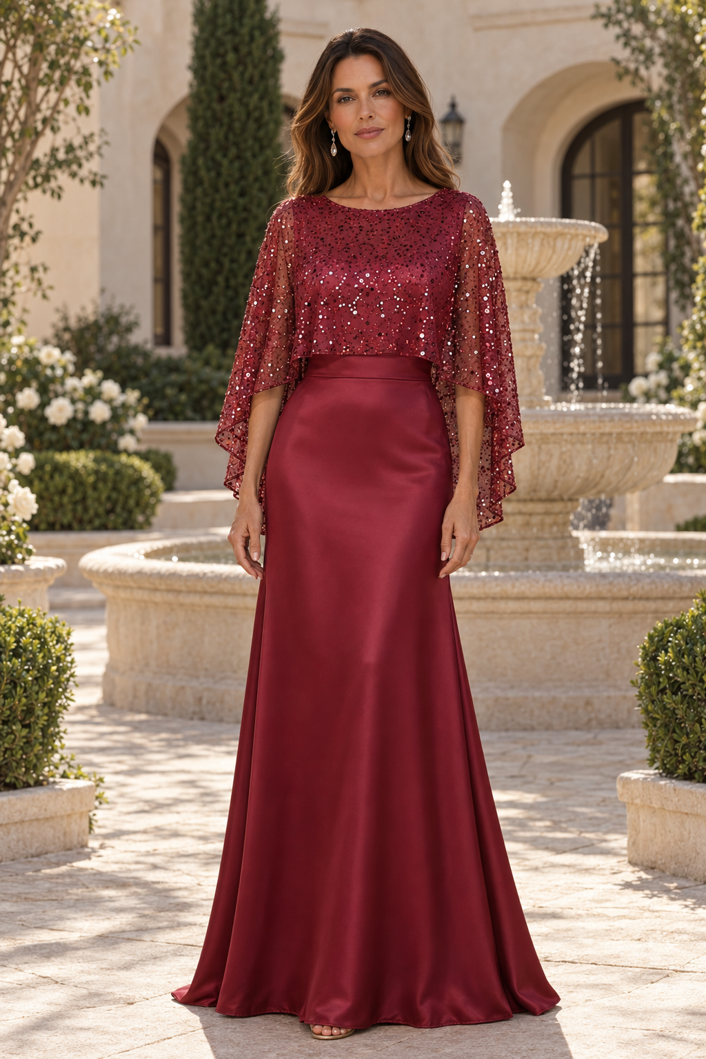 Vestido de noche de satén con capelina de lentejuelas
