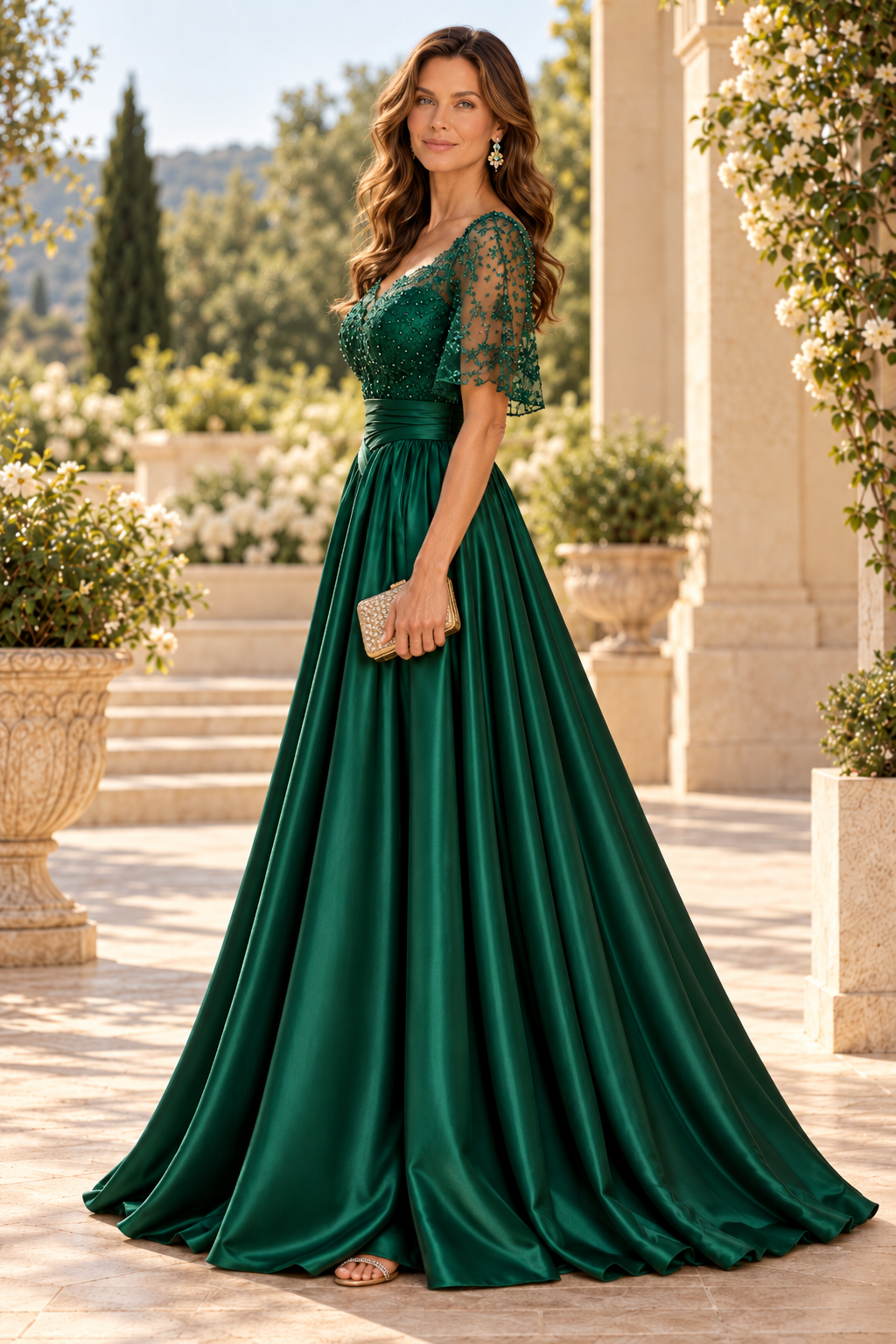 Embroidered Bodice Flutter Sleeve A-Line Gown