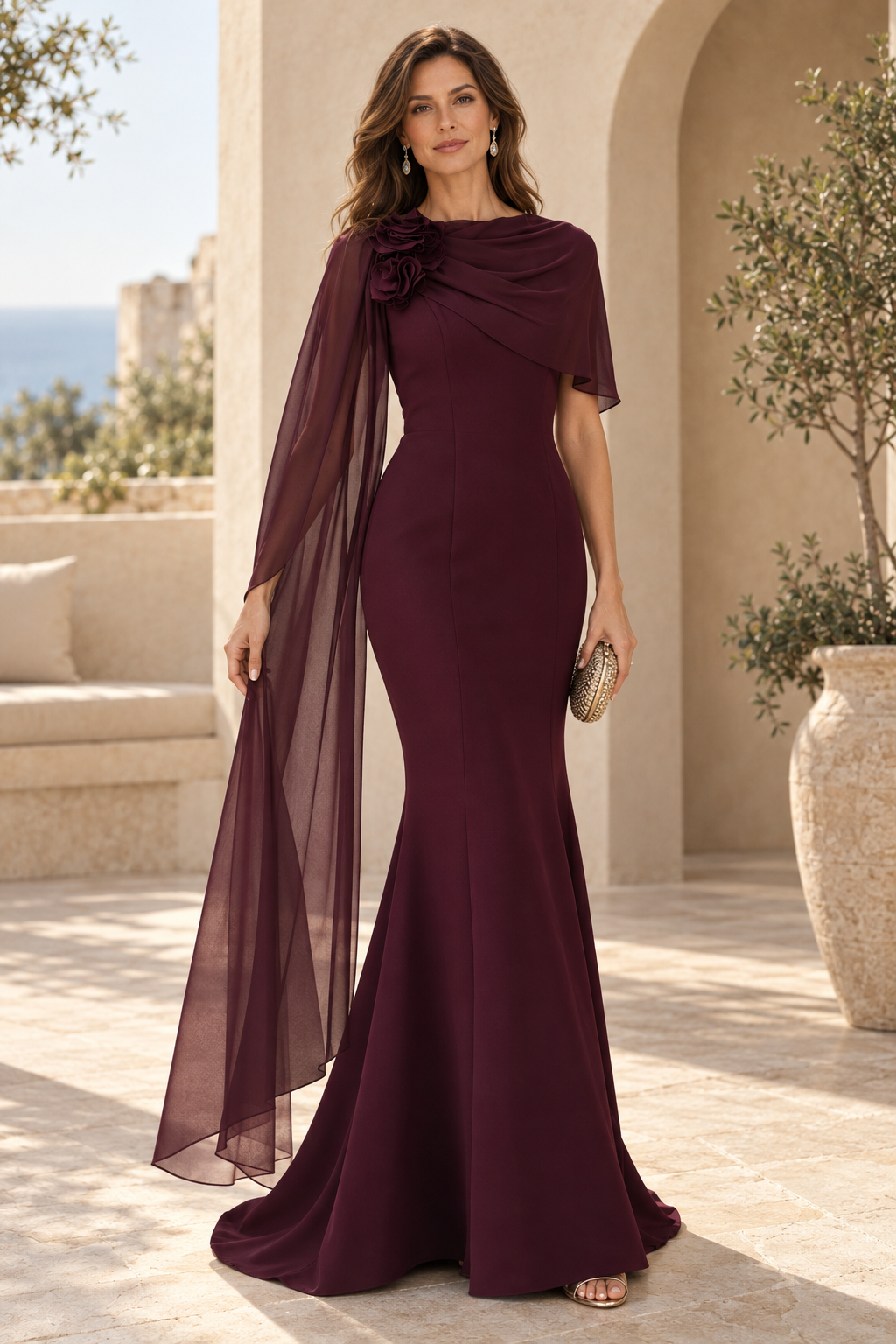Mermaid Evening Gown with Chiffon Cape Sleeve