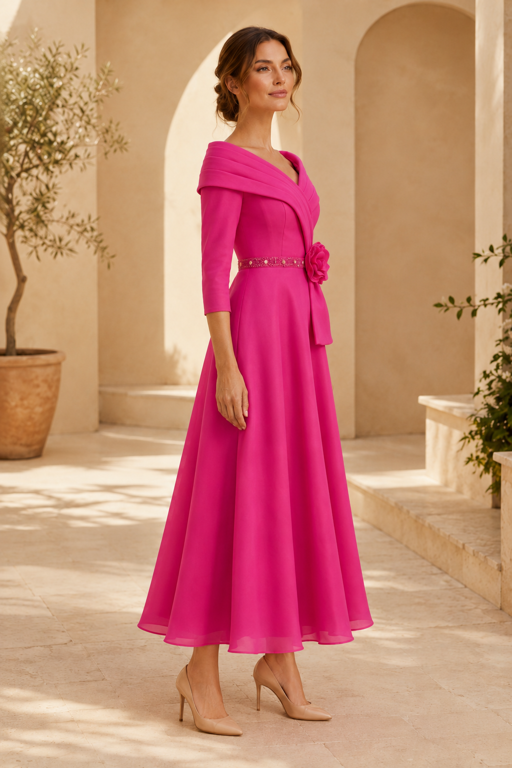 Vestido de corte A con escote tipo retrato y rosetón