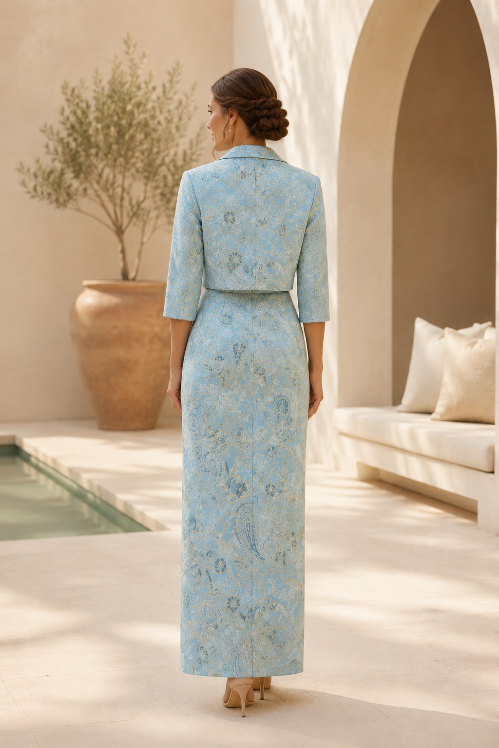 Conjunto de vestido columna con cuello cuadrado y chaqueta de jacquard