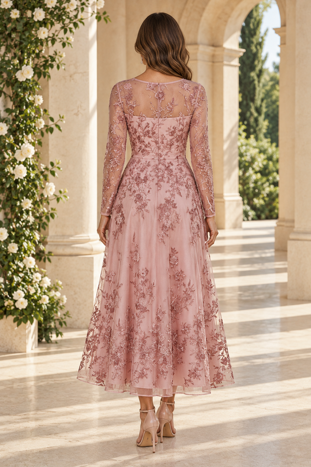 Vestido midi con cuello ilusión y bordado floral