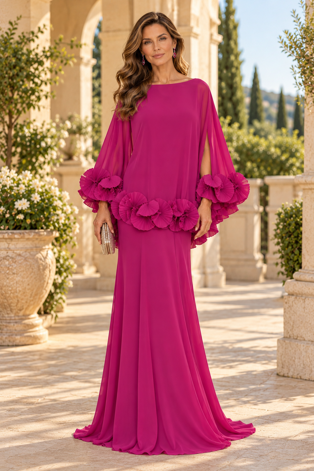 Chiffon Cape Evening Gown with Ruffle Trim