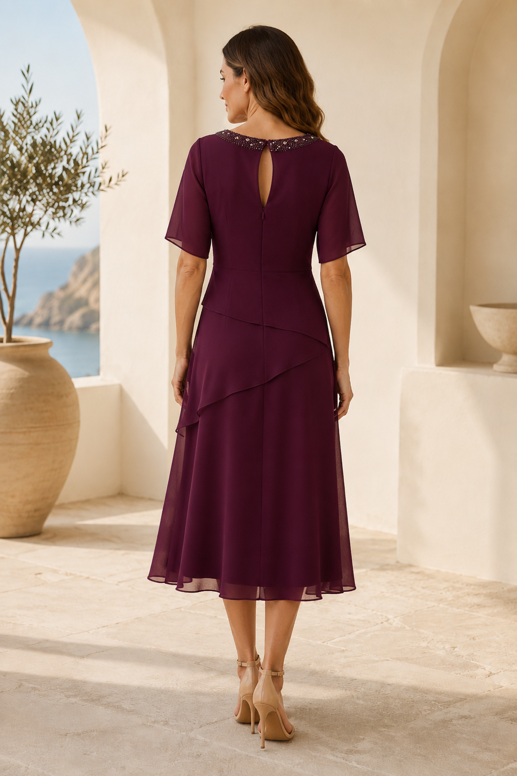 Vestido Midi de Gasa con Capas y Escote de Cuentas