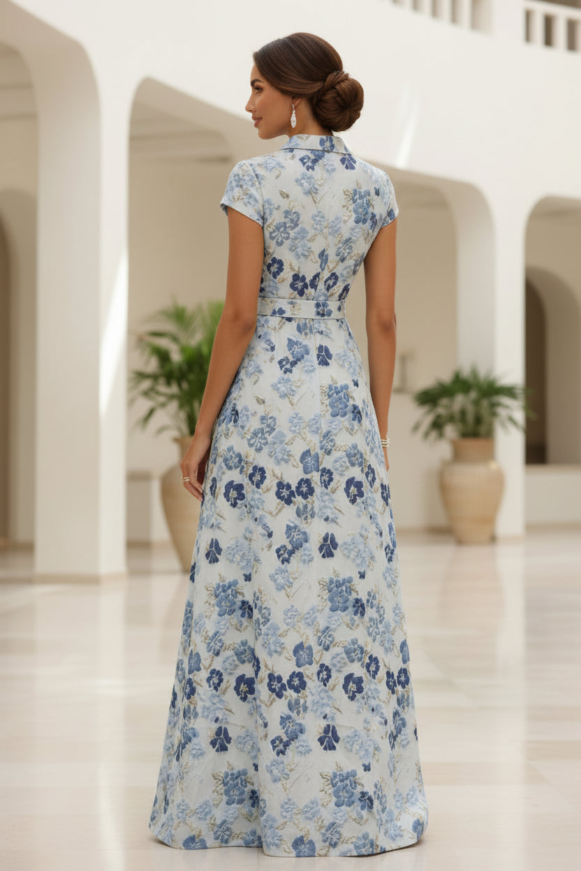 Vestido largo cruzado de jacquard floral con cinturón tipo faja