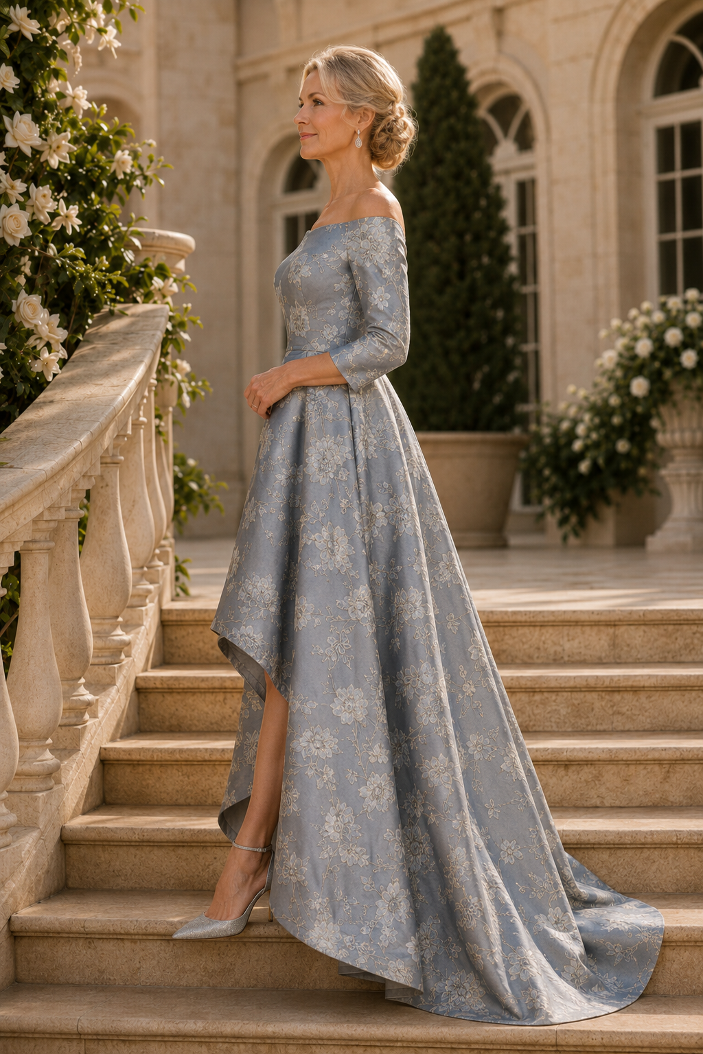 Vestido de gala floral jacquard con dobladillo alto-bajo y mangas 3/4