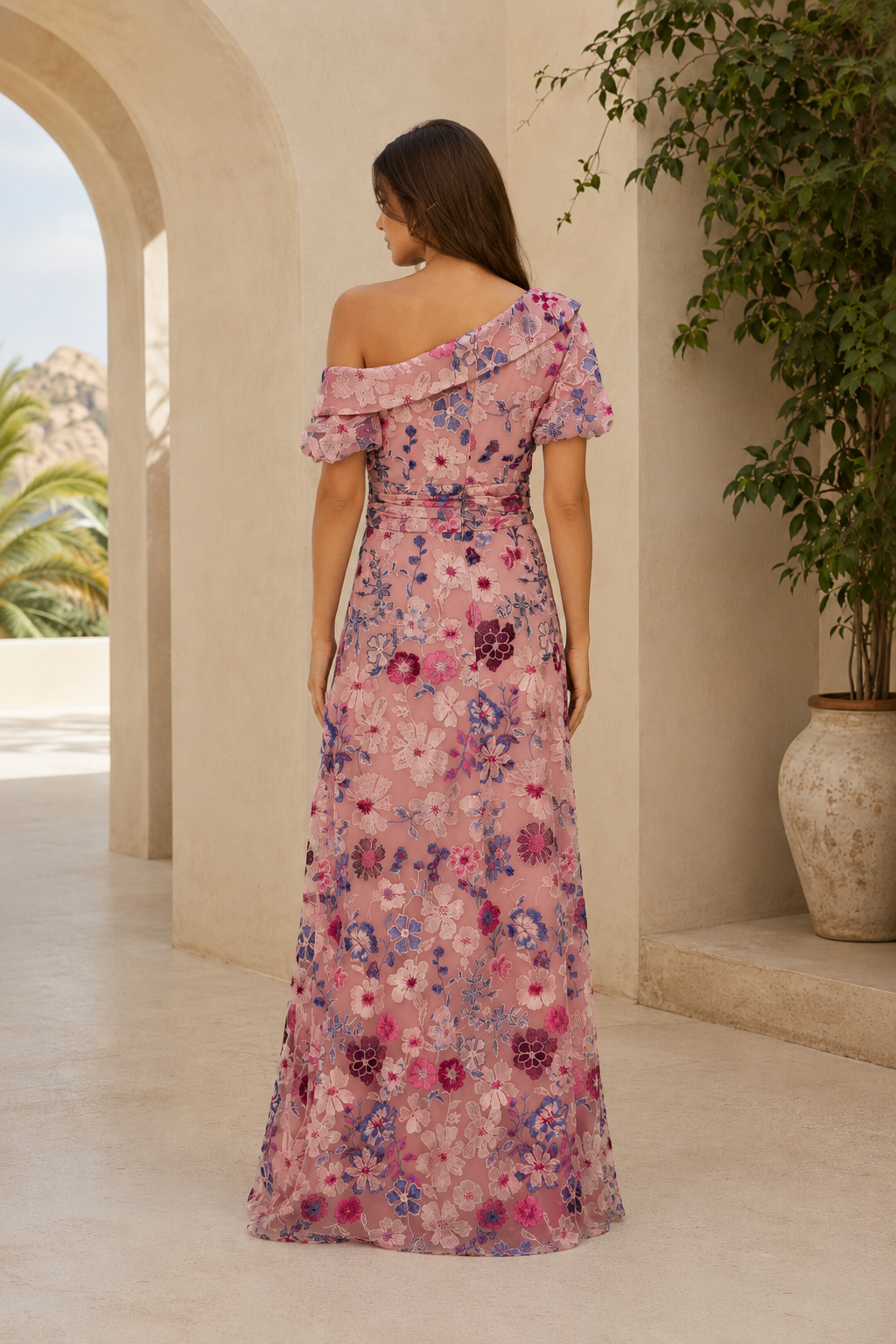 Vestido Largo Bordado Floral de Un Hombro