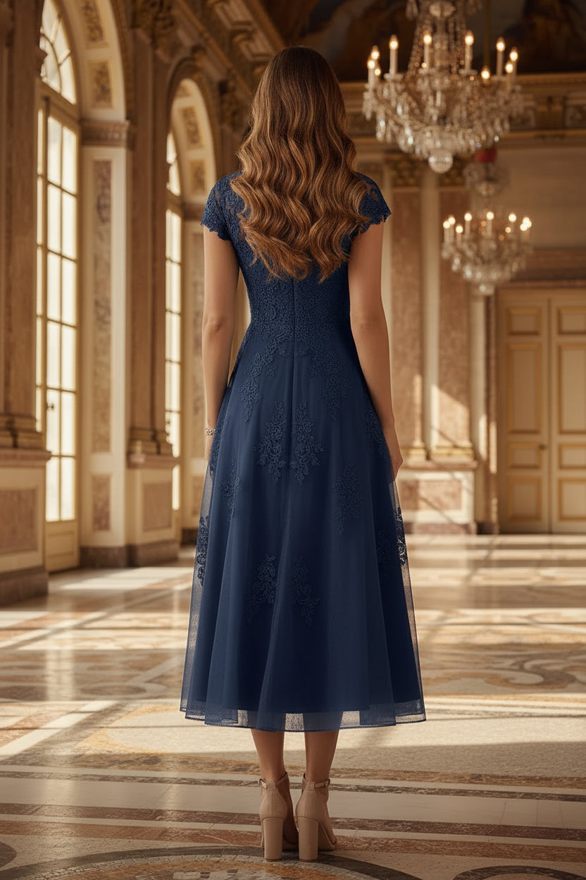 Vestido línea A largo té de encaje con escote ilusión