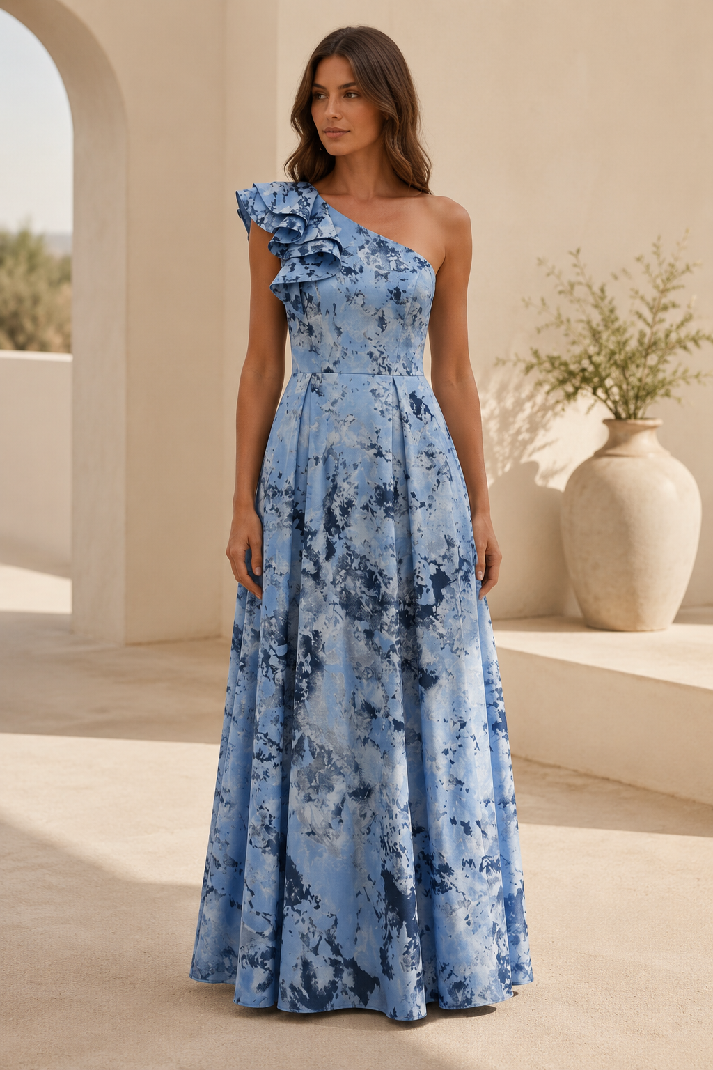 Vestido largo plisado de corte A con volantes y un solo hombro