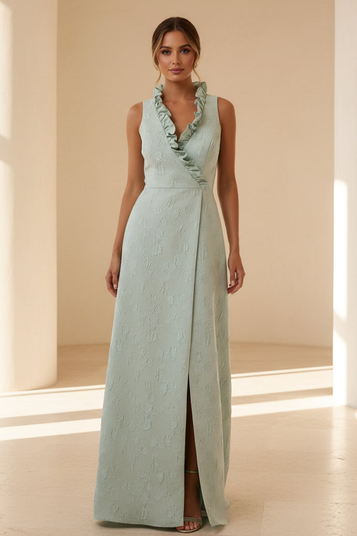 Vestido largo acampanado sin mangas de jacquard con cuello con volantes