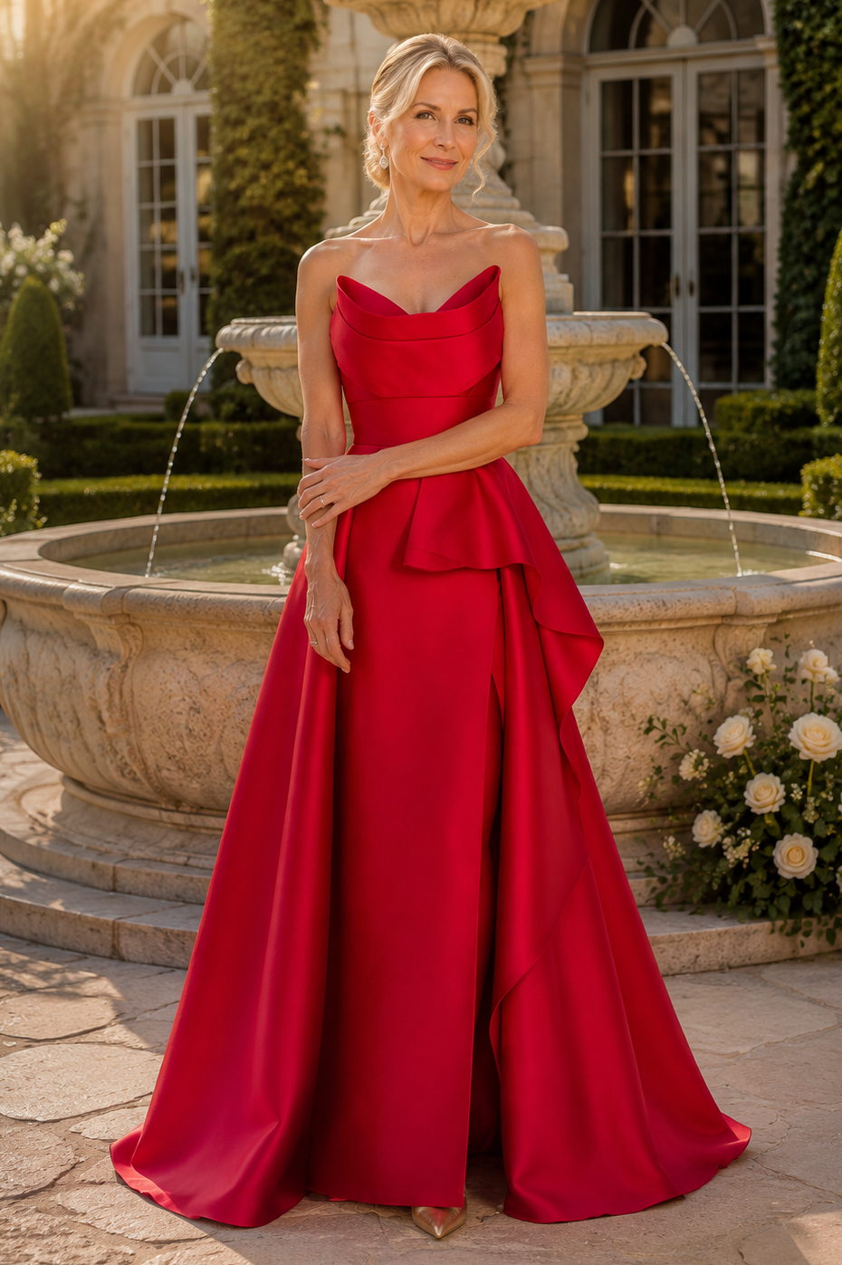 Vestido de gala de satén con peplum, escote palabra de honor y corte en A