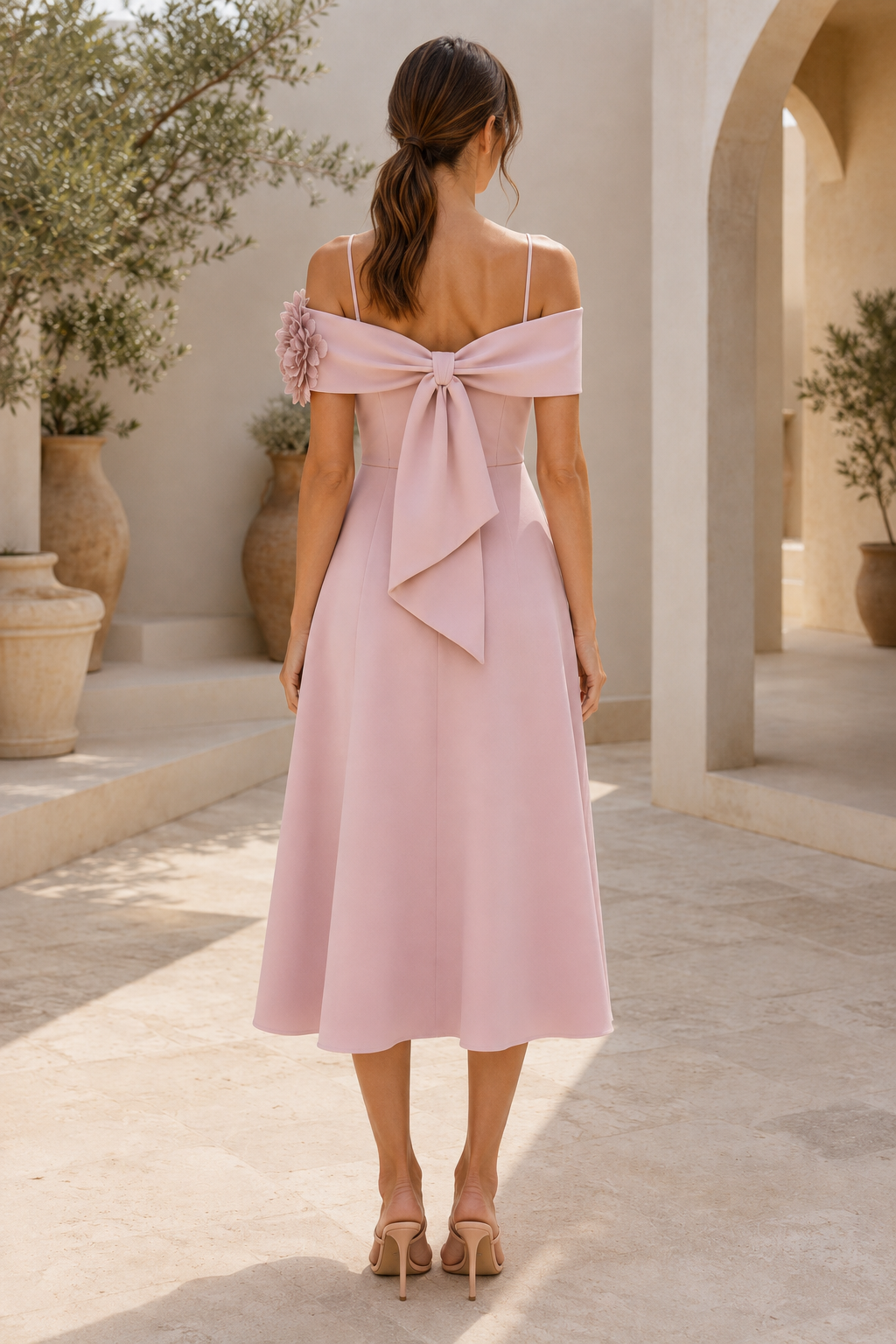 Vestido midi con diseño floral 3D, hombros descubiertos y lazo en la espalda