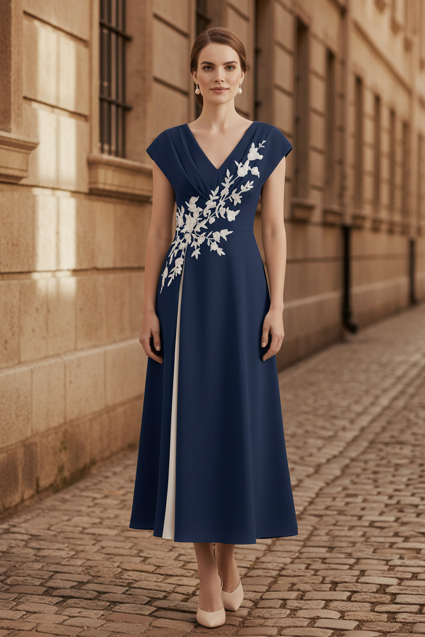 Vestido midi con apliques, escote en V y manga casquillo