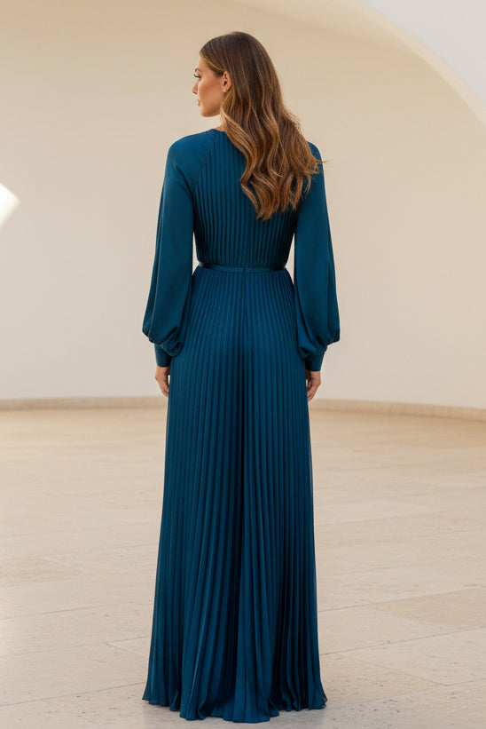 Vestido de Noche Acampanado de Manga Larga Plisado