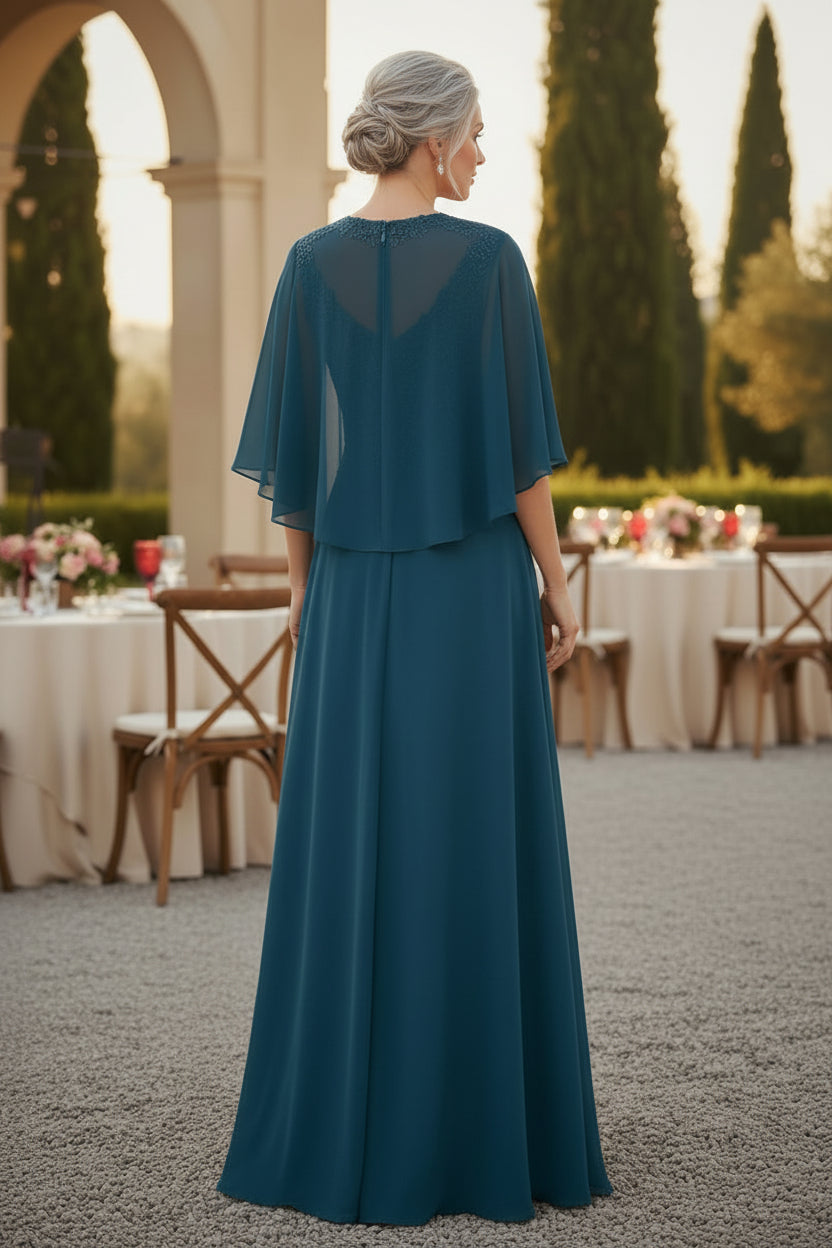 Vestido de gasa con corte en A para la madre de la novia con chaqueta