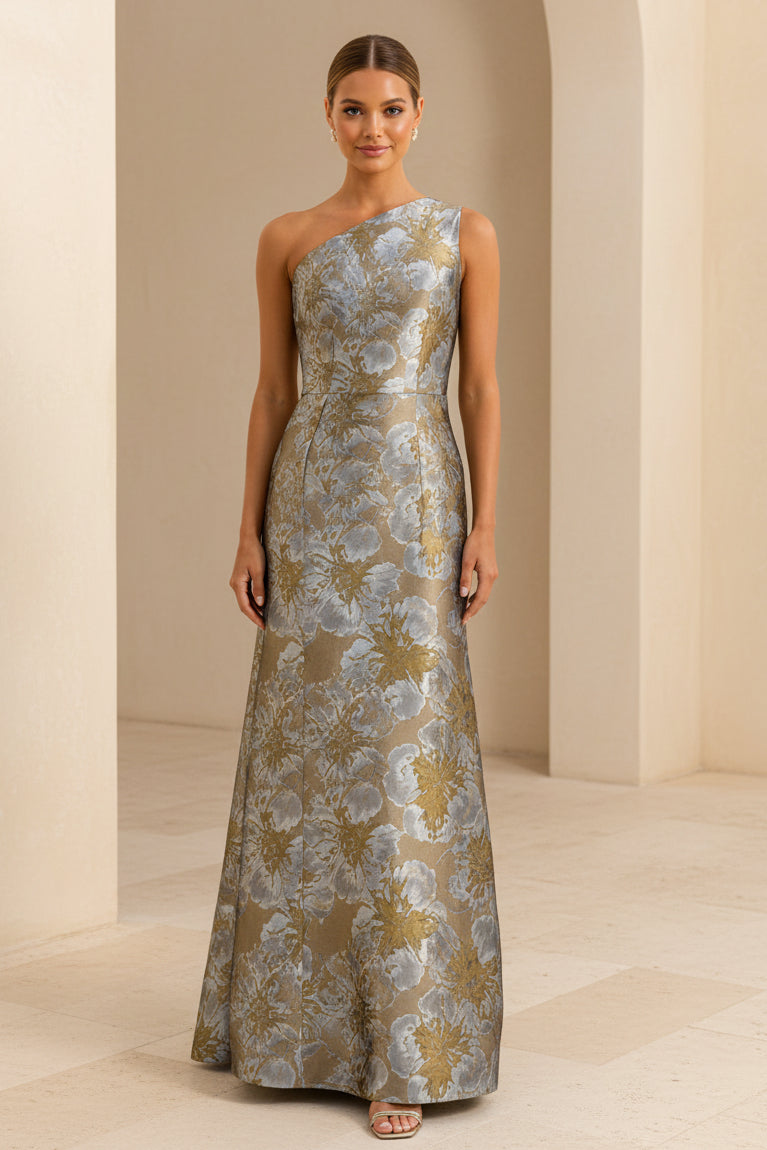 Elegante vestido largo de corte A con un solo hombro