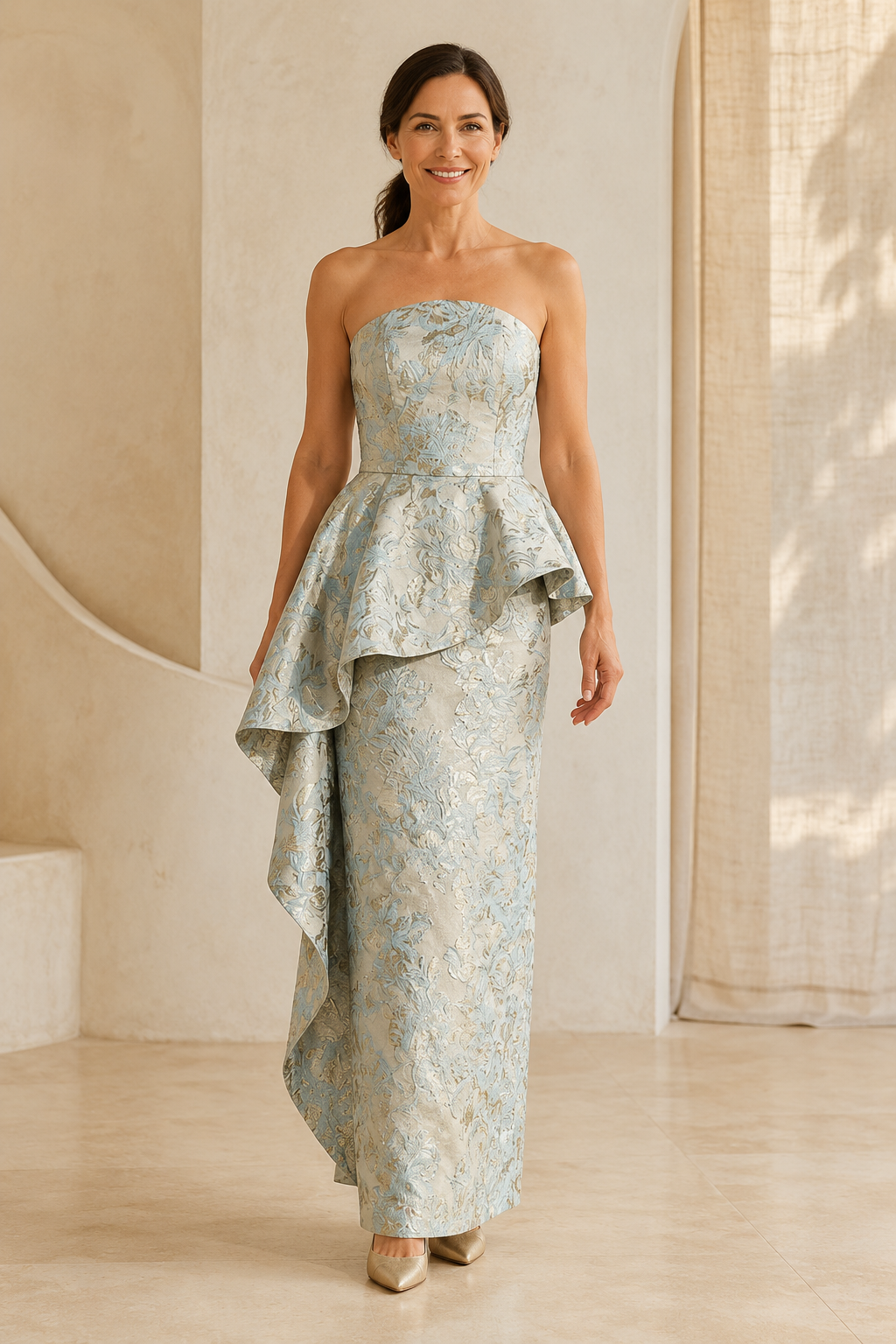 Vestido largo de jacquard sin tirantes con sobrefalda peplum drapeada