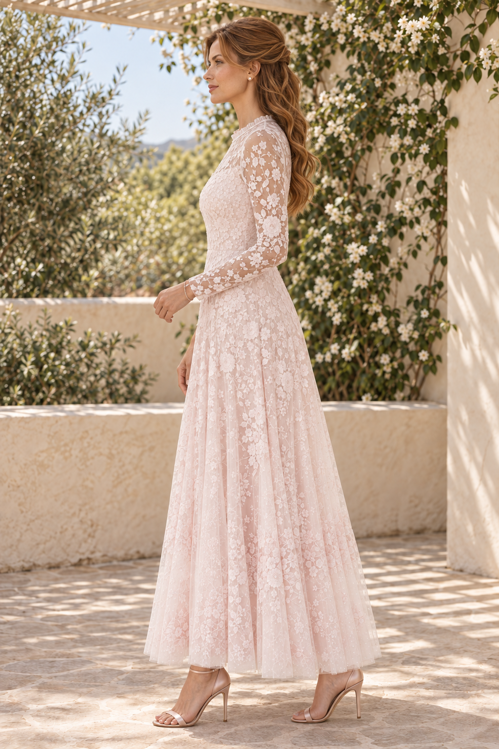 Embroidered Floral Lace Long Sleeve Ankle Dress