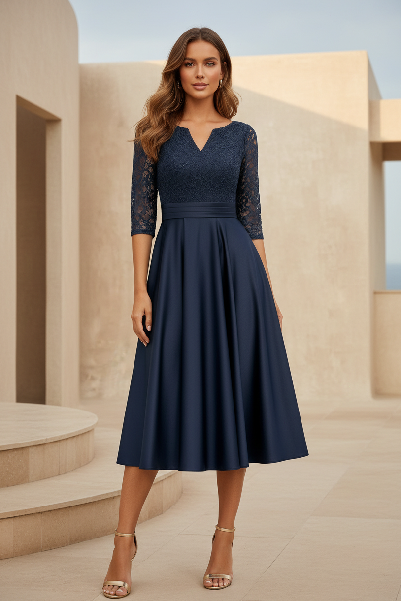 Elegante Vestido Midi con Cuerpo de Encaje y Mangas 3/4