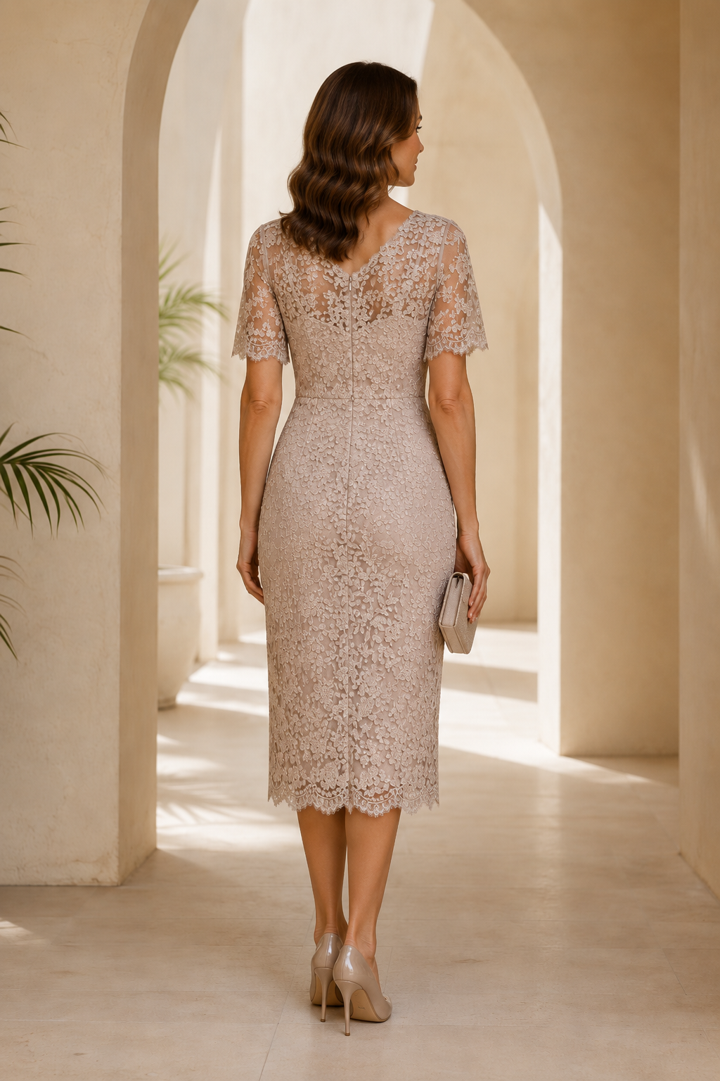 Vestido midi de encaje tipo tubo con escote en V festoneado