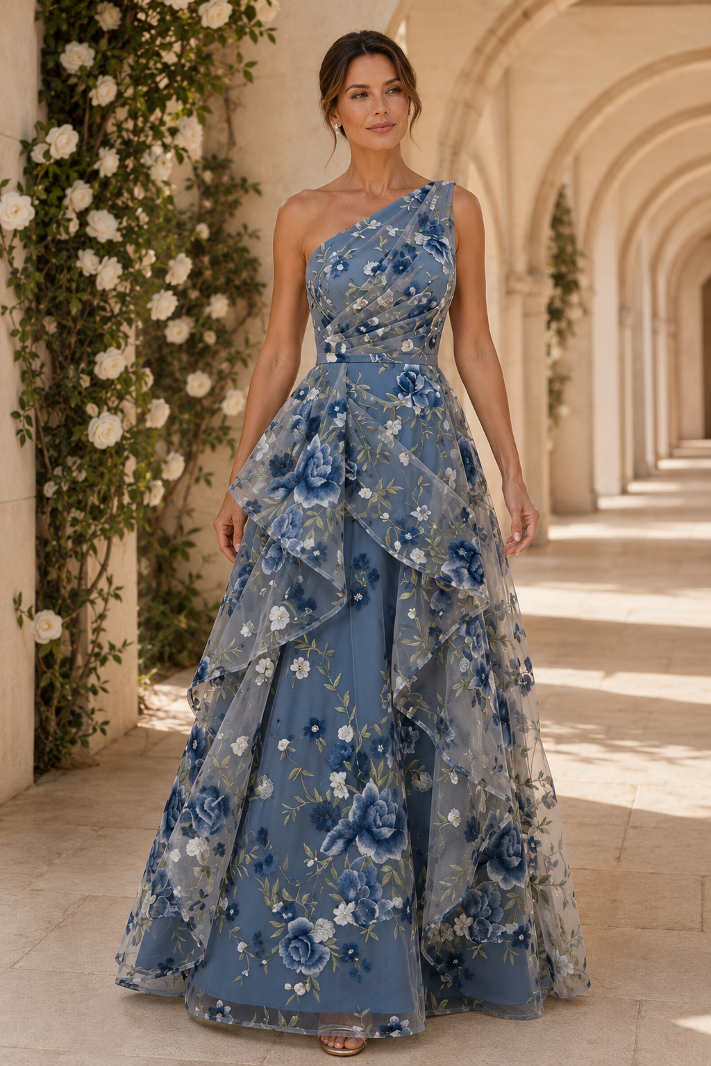Vestido de noche acampanado con estampado floral, un solo hombro y falda a niveles