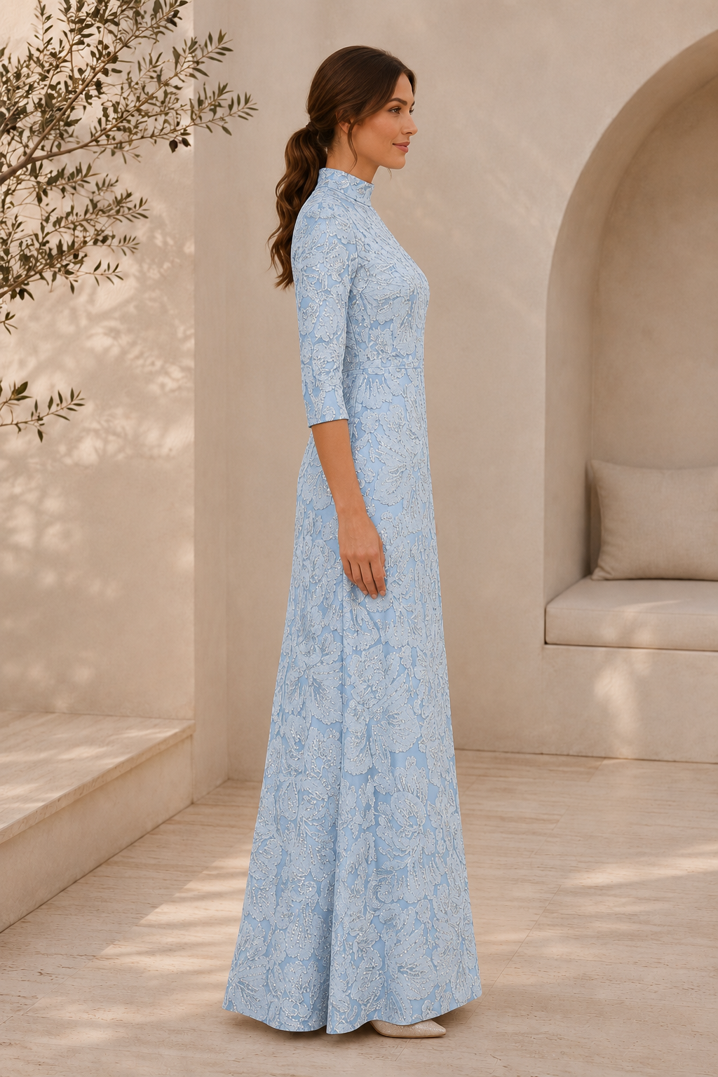 Vestido largo de jacquard floral de cuello alto con mangas 3/4