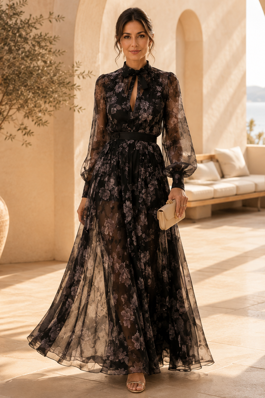 Vestido largo floral con cuello anudado y mangas largas
