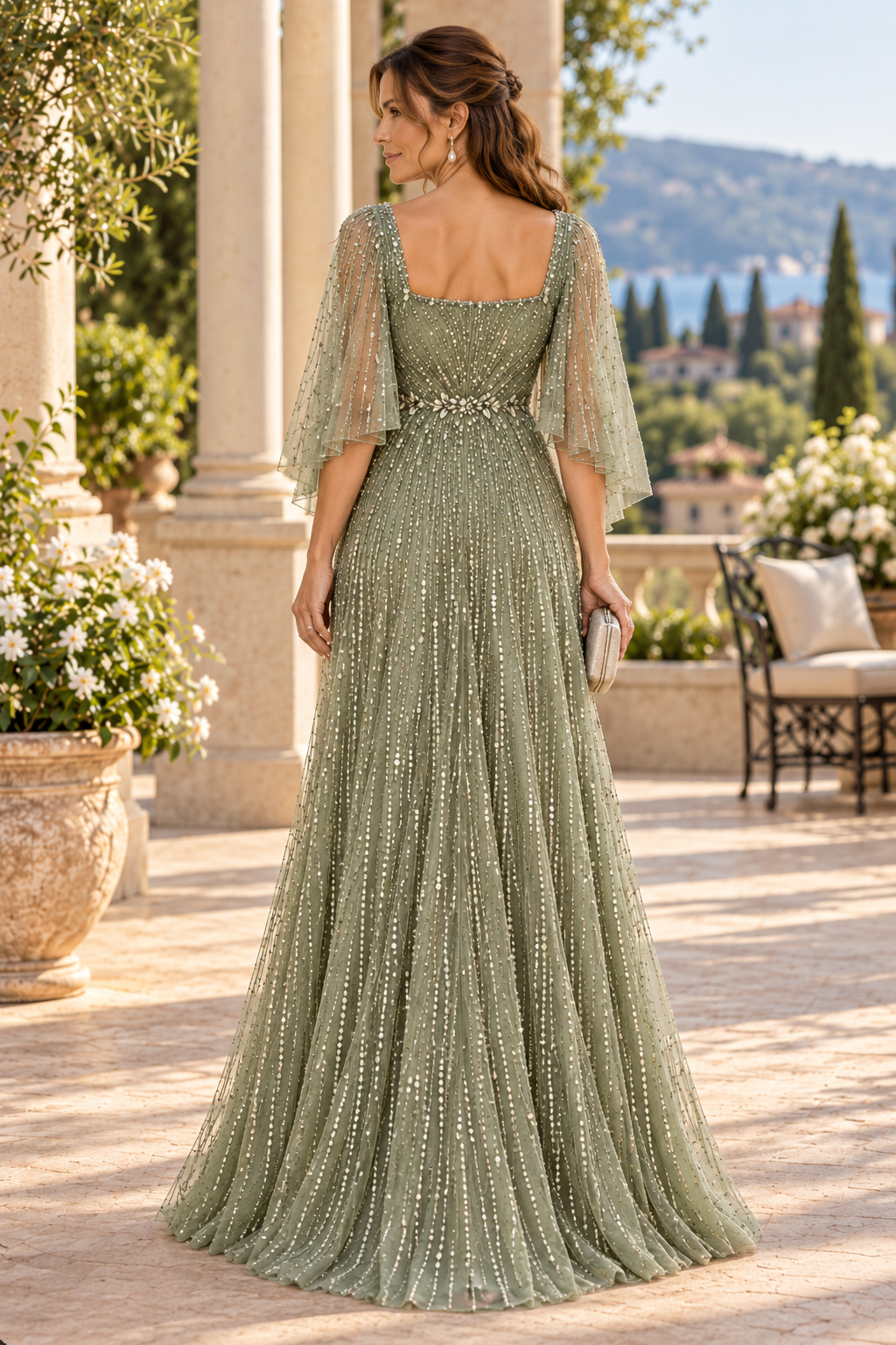 Flutter Sleeve Beaded A-Line Formal Gown