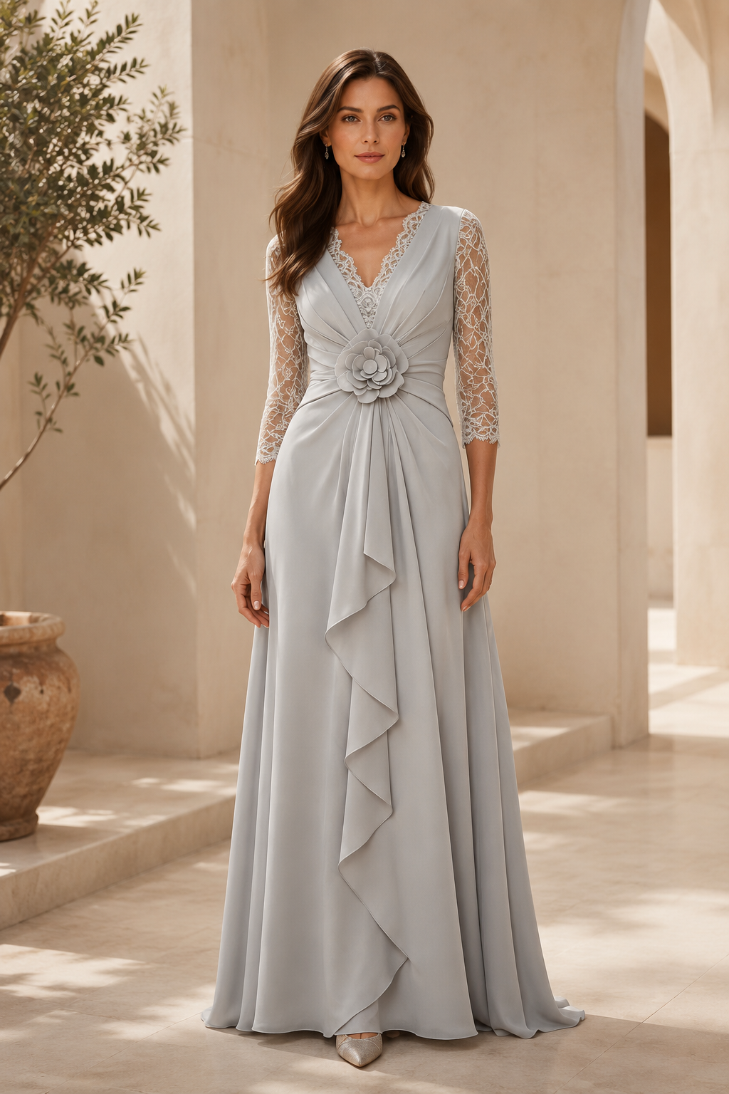Vestido largo acampanado plisado de encaje con manga 3/4 y flor 3D