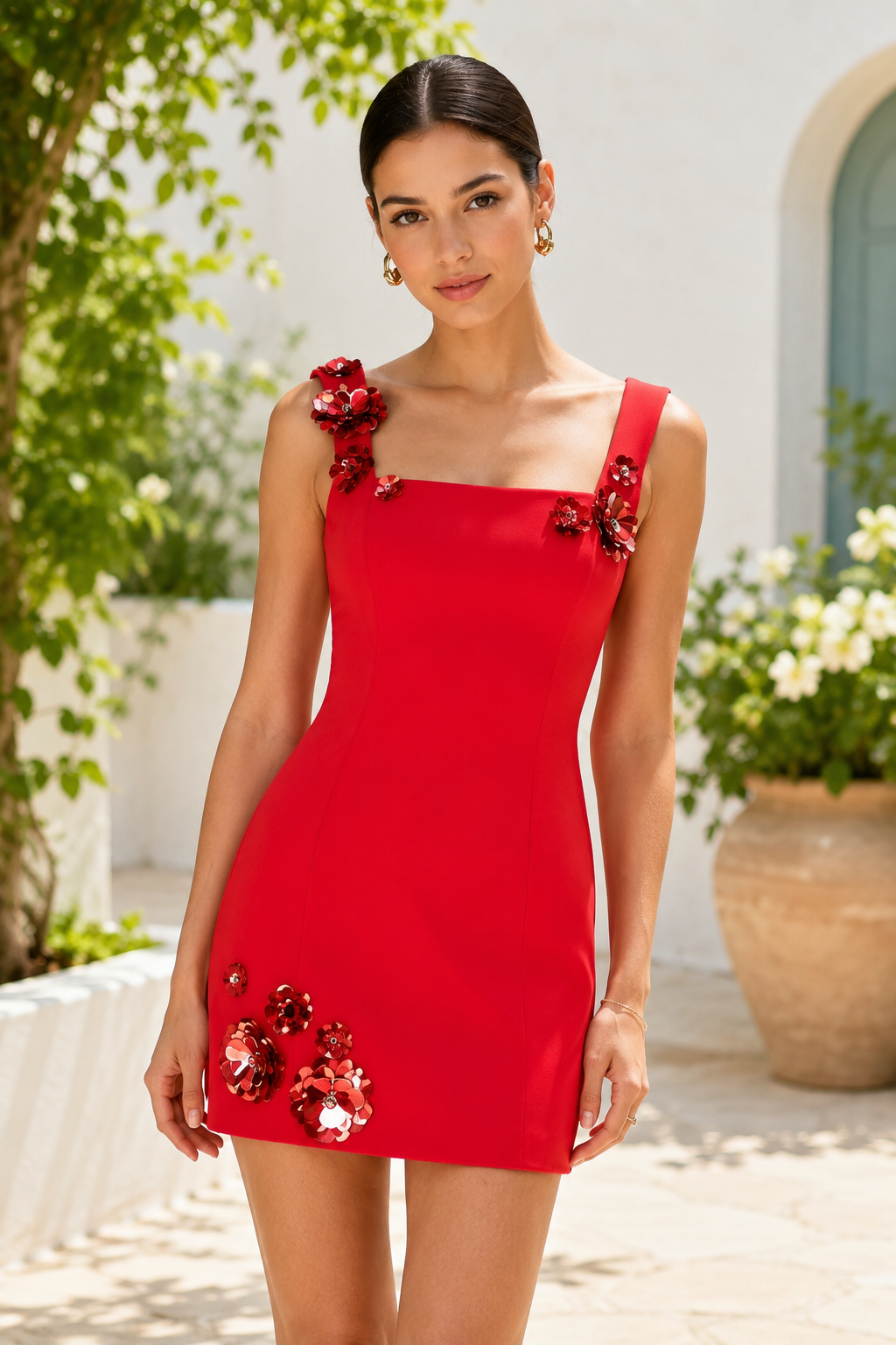 Minivestido de cuello cuadrado con apliques florales en 3D