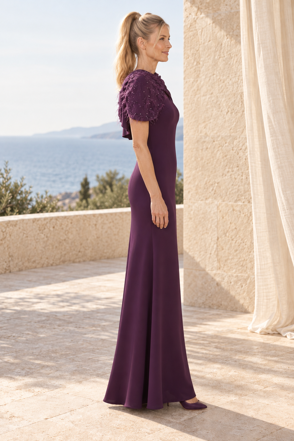 Asymmetrical Draped Cape Gown with Beading