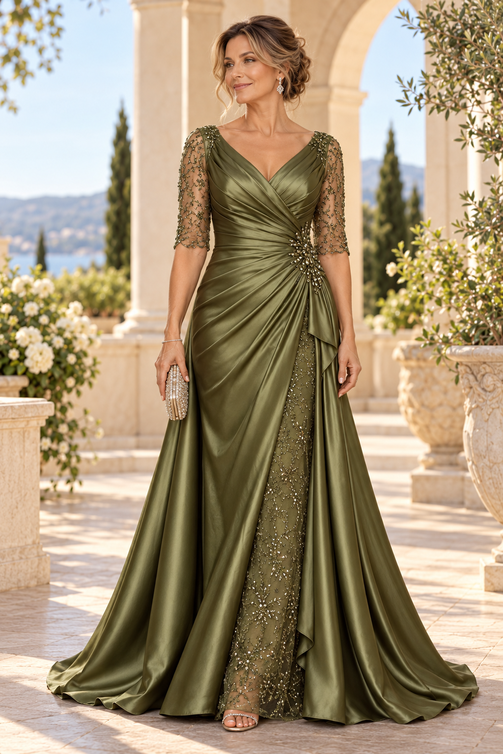 Ruched Satin Gown with Beaded Sheer Column