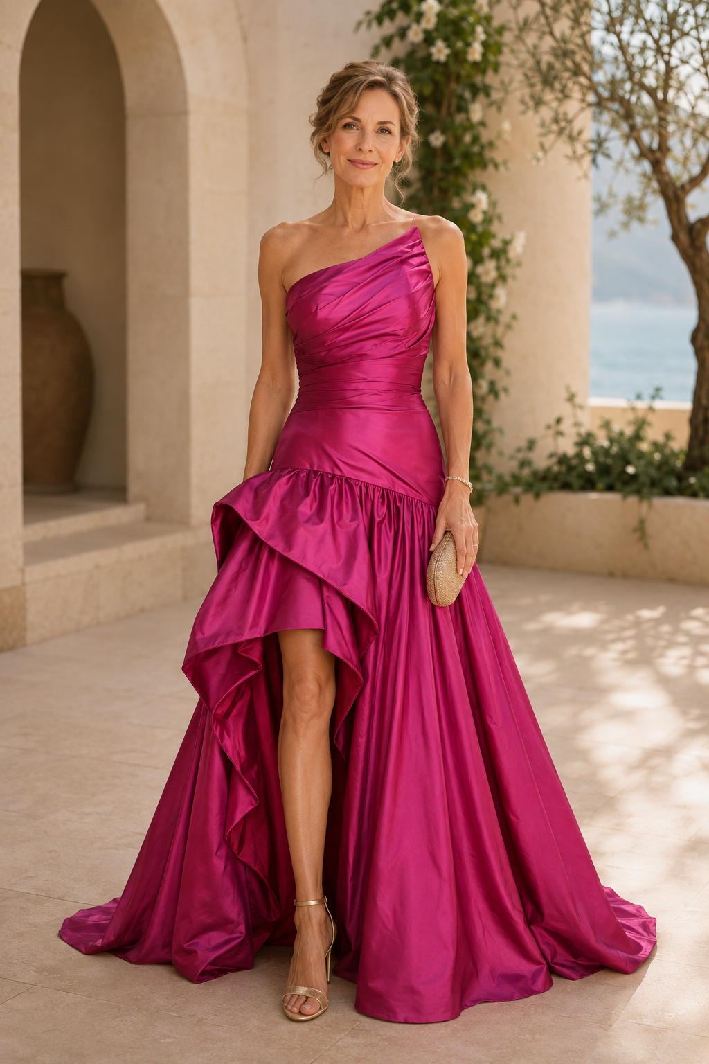 Vestido drapeado de un solo hombro con falda asimétrica de volantes escalonados