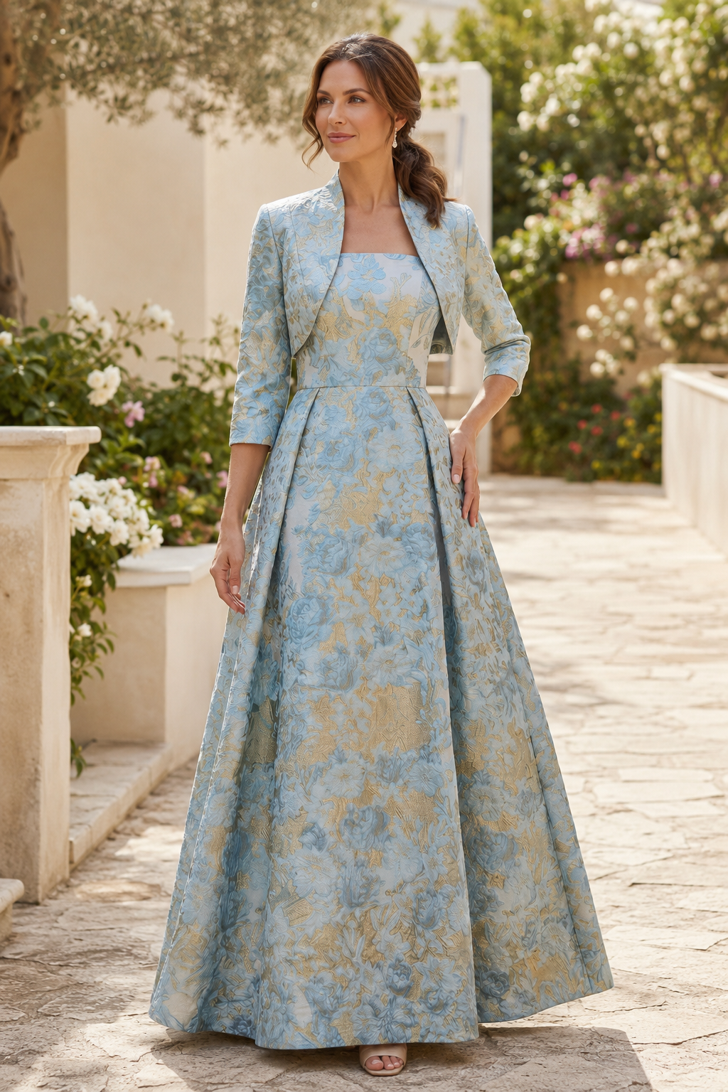 Vestido de jacquard floral con corte en A y chaqueta corta