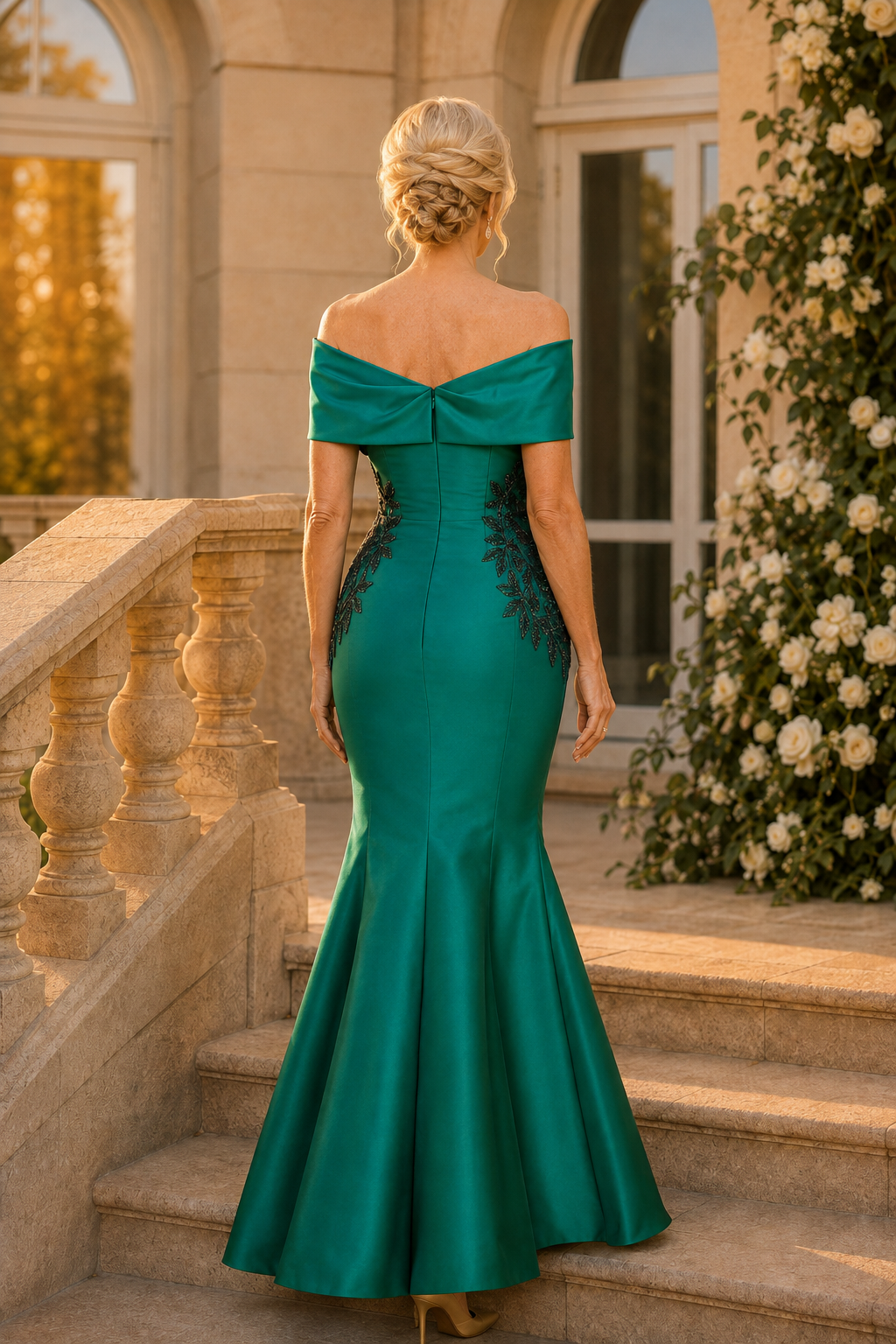 Vestido de sirena de satén con hombros descubiertos y aplicaciones