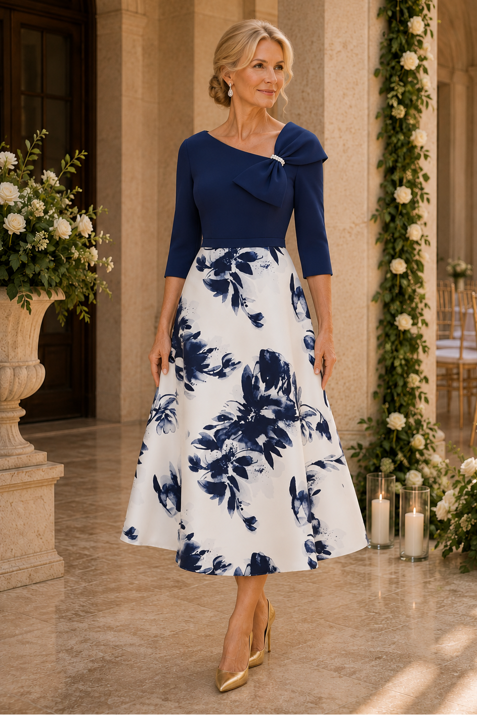 Vestido midi acampanado floral con lazo asimétrico