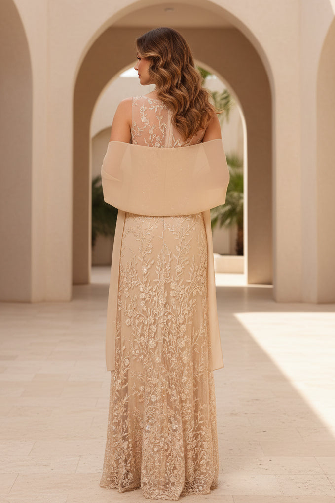 Vestido de tubo de encaje floral con chal de gasa