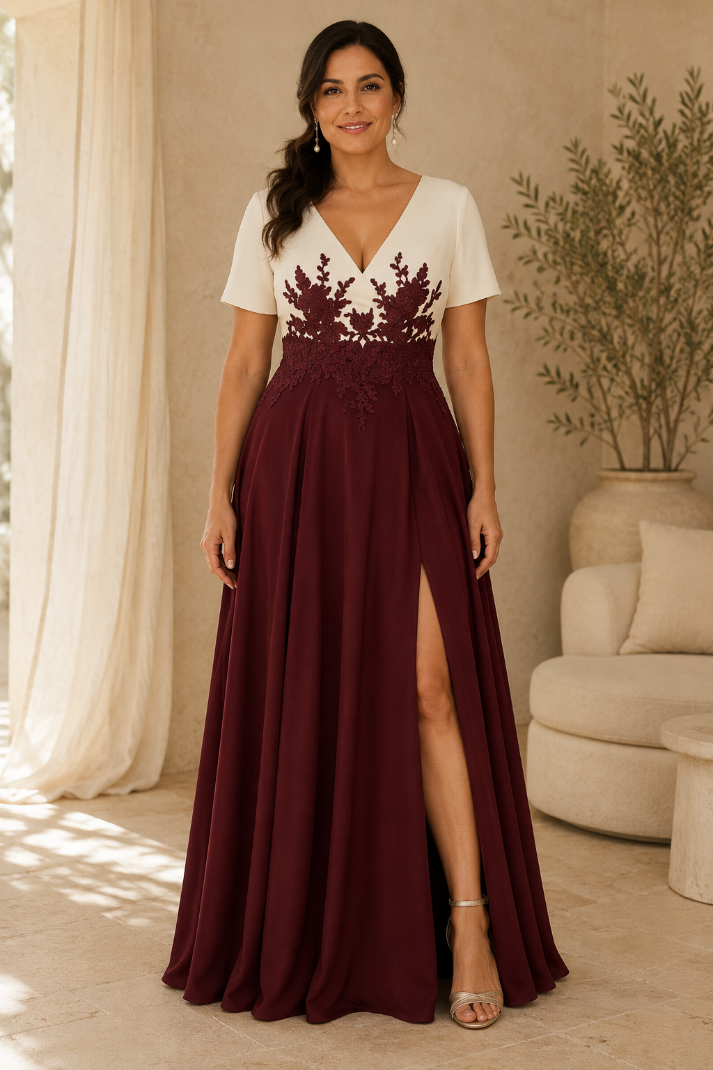 Vestido de noche bicolor con cuello en V, cintura de encaje y abertura lateral
