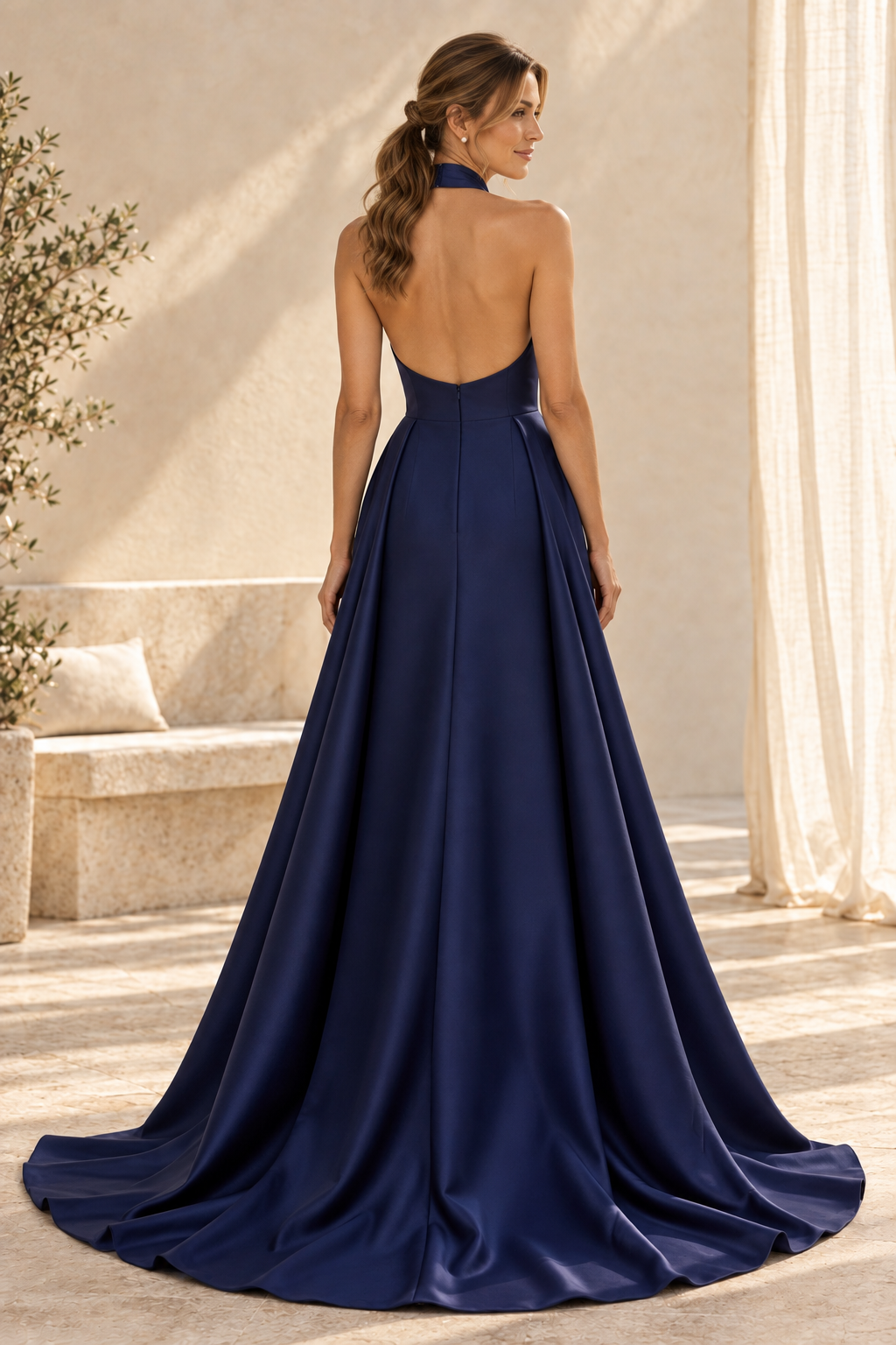 Halter Cross Neck Gown with Overskirt Train