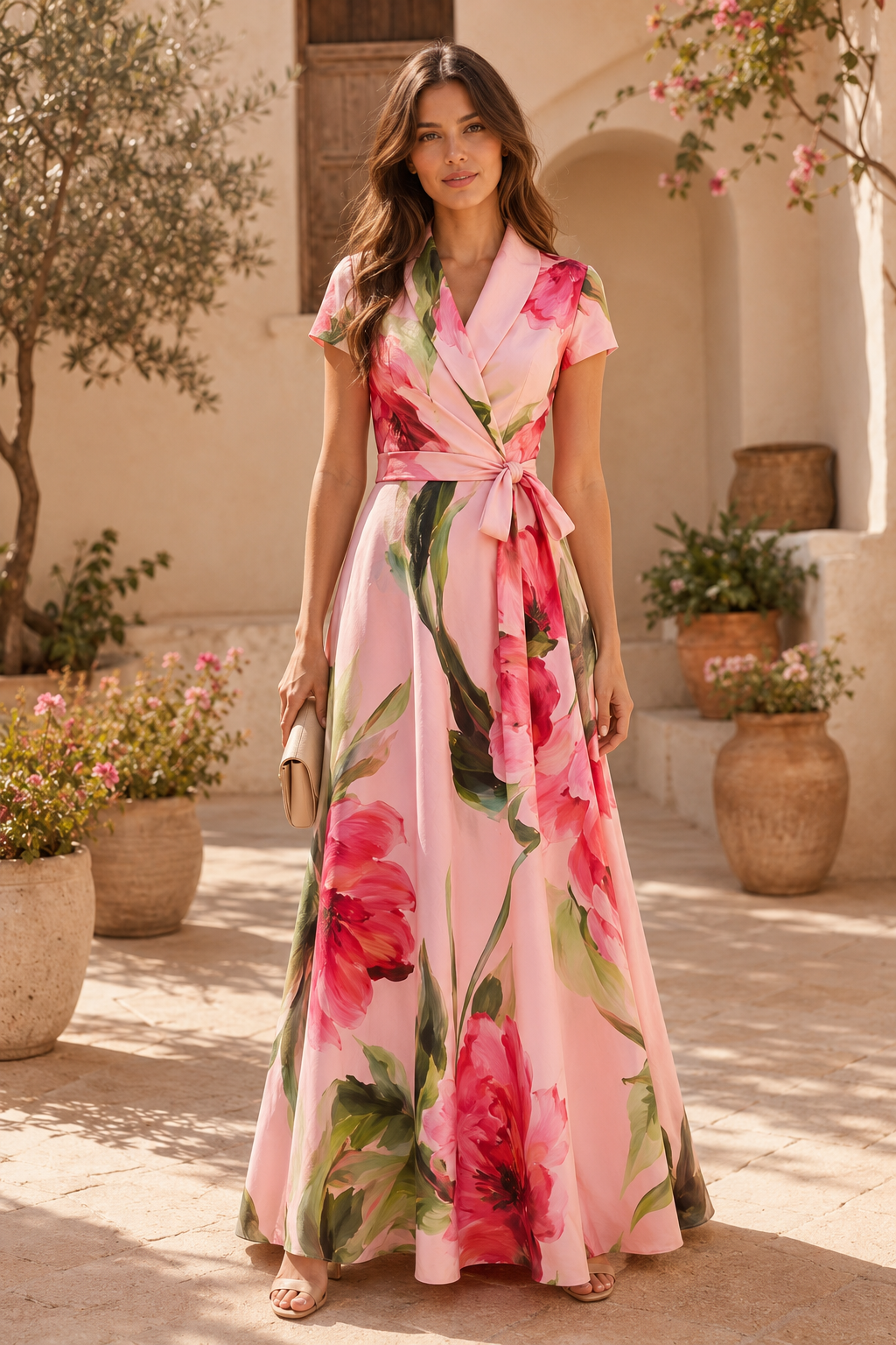 Vestido maxi cruzado con estampado floral y cinturón en la cintura